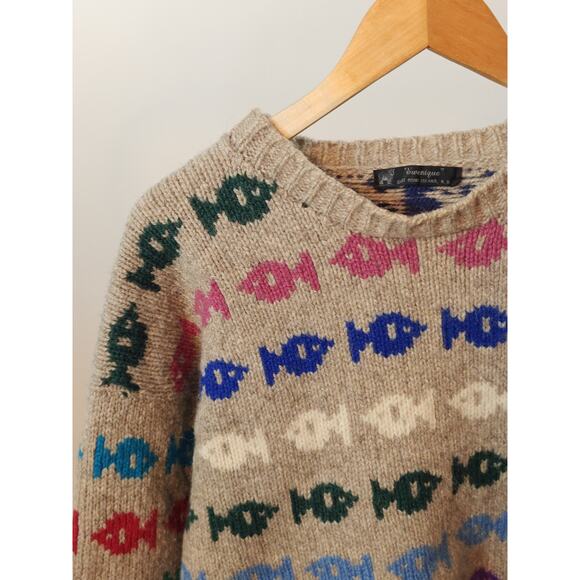 Vintage Ewenique Wool Tan Fish Print Crew Neck Thick Chunky Pullover Sweater - Picture 2 of 10